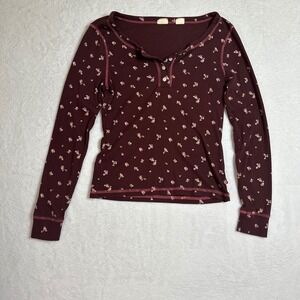 Vtg 90s Levi's Henley Shirt Floral Ribbed Baby Tee Women's S Burgundy Thermal